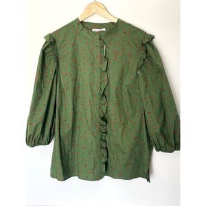 Eloquii Olive Green Ruffle Front Blouse with Rust Floral Print